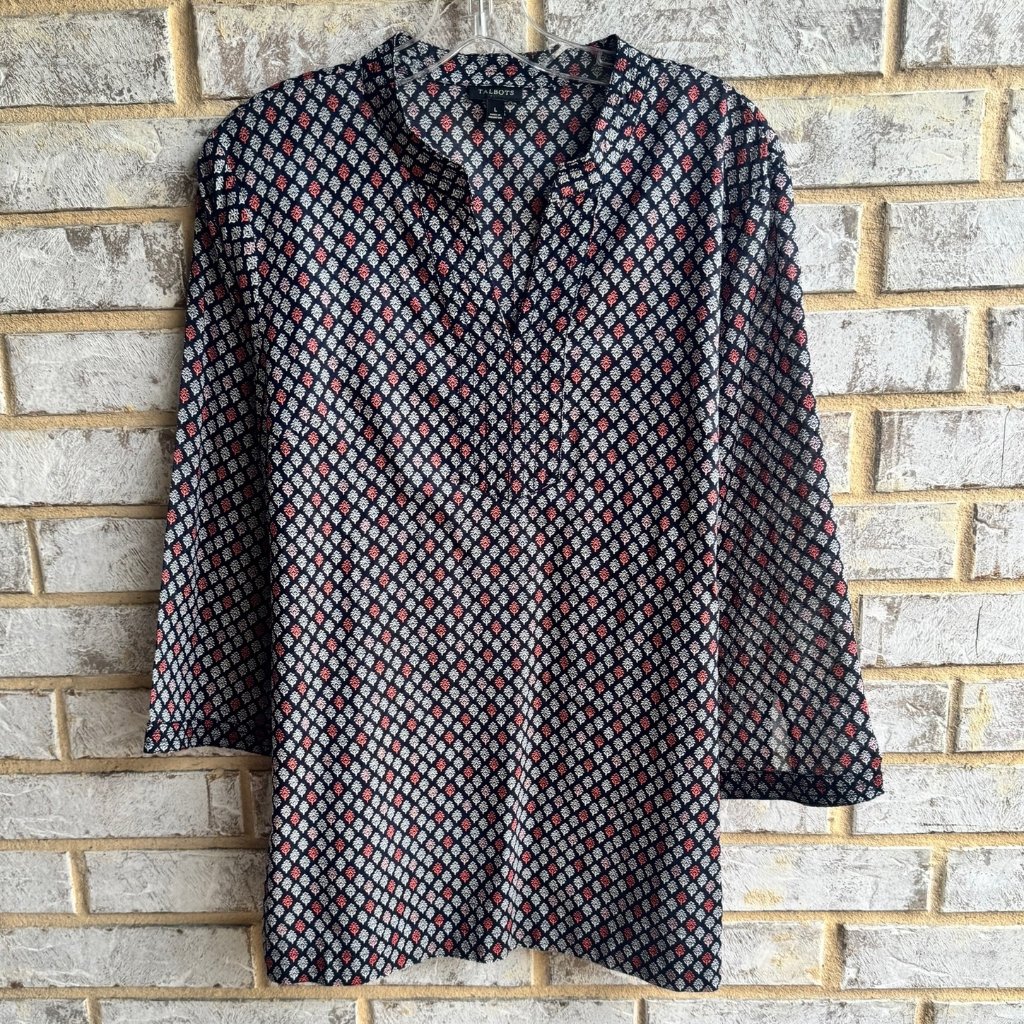 Talbots 3/4 Sleeve V-Neck 100% Cotton Semi Sheer Floral Blouse Women's Size L.